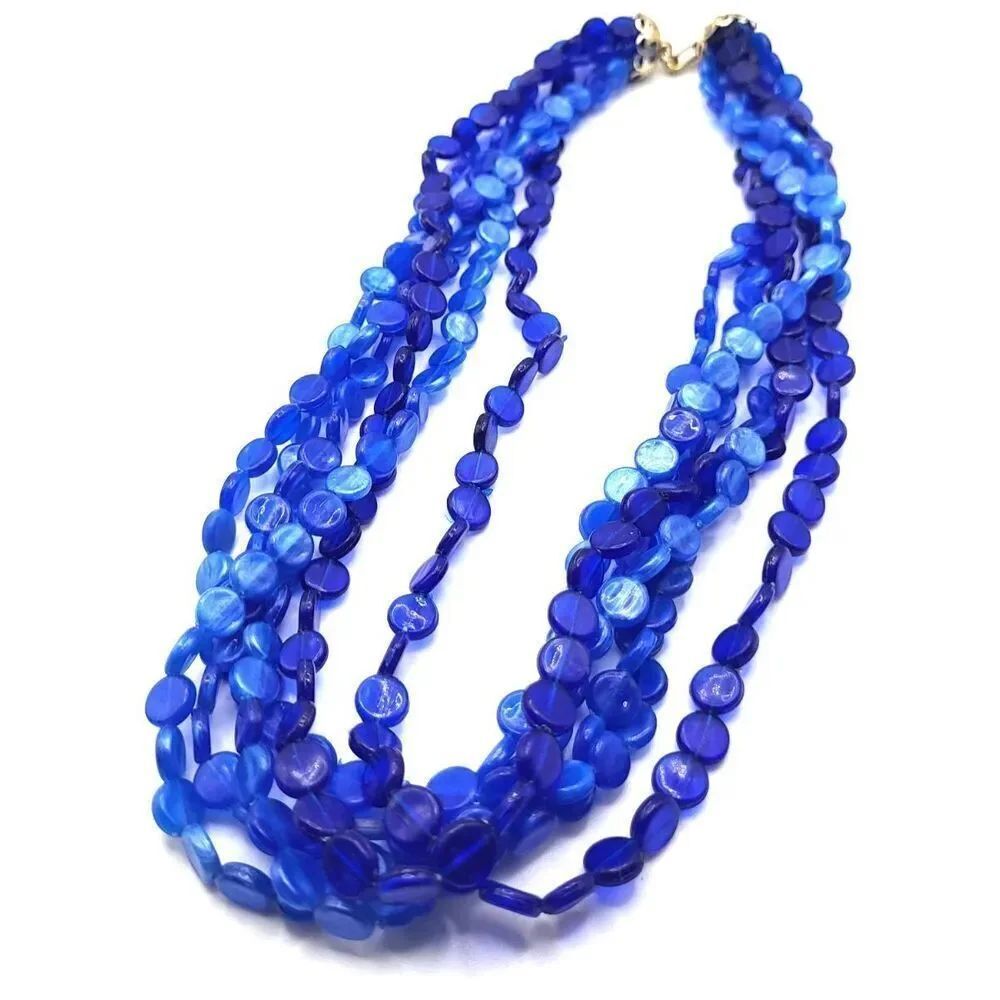 Vintage 60s Multistrand Ombre Blue Acrylic Signed Hong Kong Necklace 19in